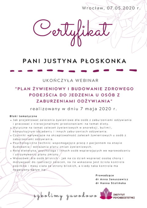 Justyna Płoskonka - szkolenie dietetyk - eating disorders